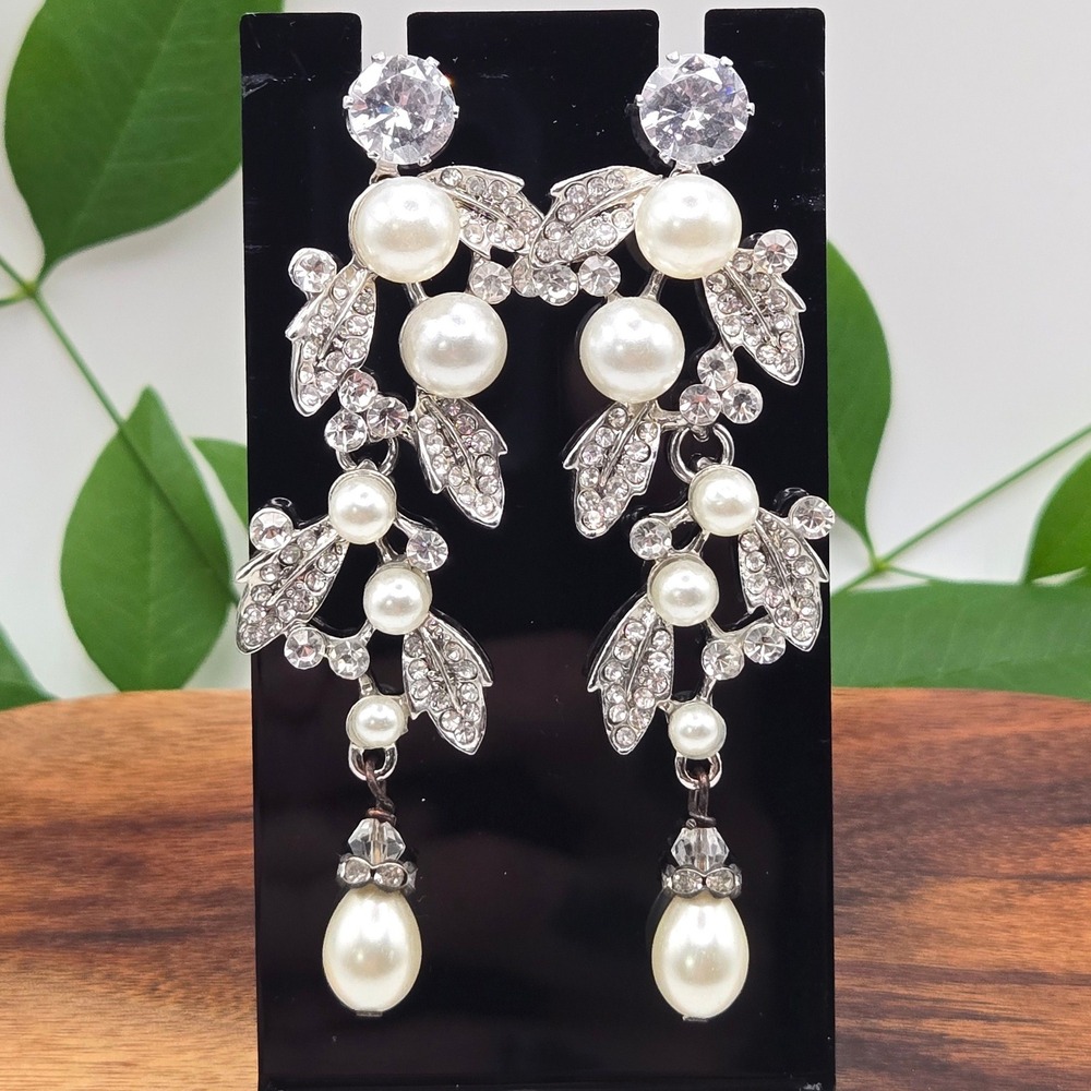 Silver Tone Faux Pearl Rhinestone Leaf Vine Chandelier Drop Statement Earrings